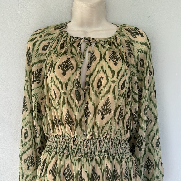 ZARA green abstract print long sleeve chiffon Swiss dot tie neck dress size XS - Picture 4 of 12